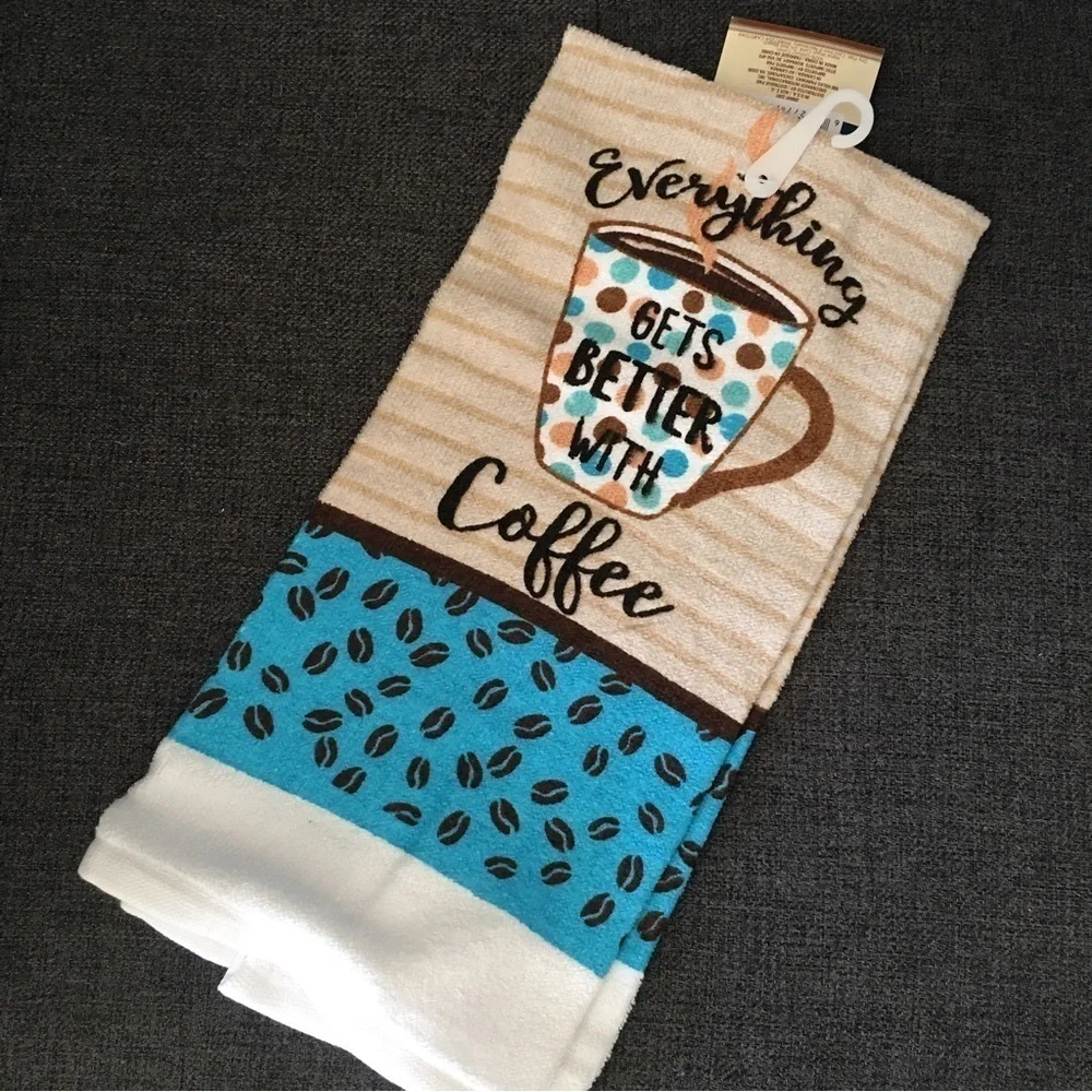 “Everything Gets Better with Coffee” Kitchen Dish Towel, Tan, Blue